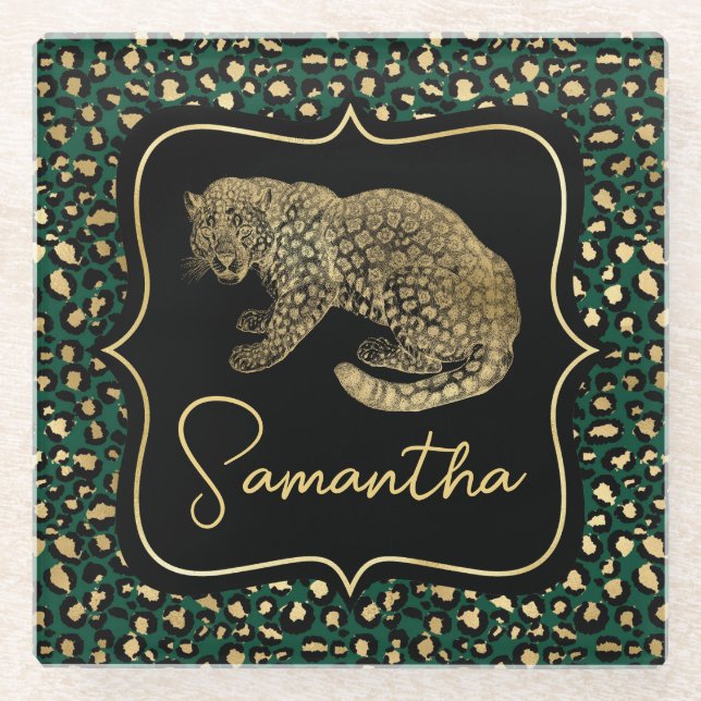 Elegantes Green and Gold Leopard and Spots Muster Glasuntersetzer (Vorderseite)