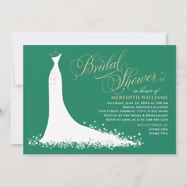 Elegantes Green and Gold Wedding Gown Brautparty Einladung (Vorderseite)