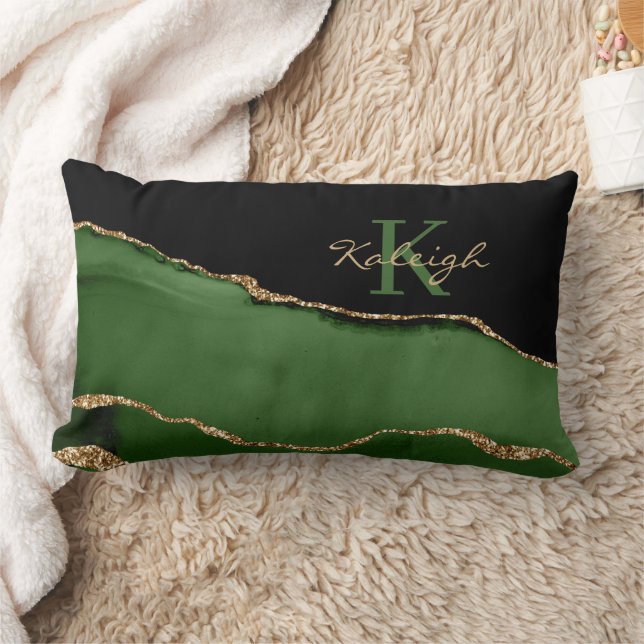 Elegantes Green Black Glittery Gold Marble Monogra Lendenkissen (Decke)