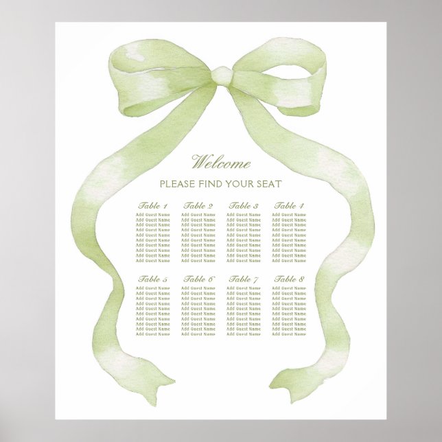 Elegantes Green Bow Seating Chart Poster (Vorne)
