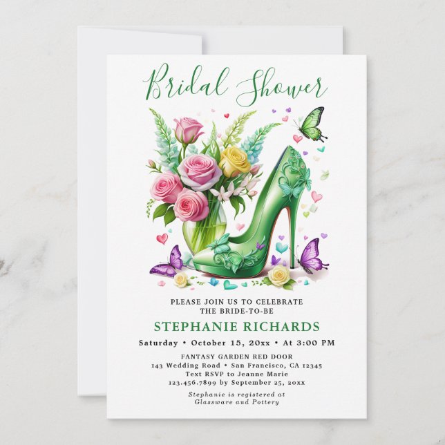 Elegantes Green Butterfly Floral Shoe Brautparty Einladung (Vorderseite)