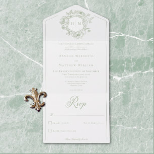 Elegantes Green Chinoiserie Bird Wappen Wedding All In One Einladung