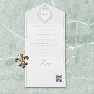 Elegantes Green Chinoiserie Bird Wappen Wedding QR All In One Einladung