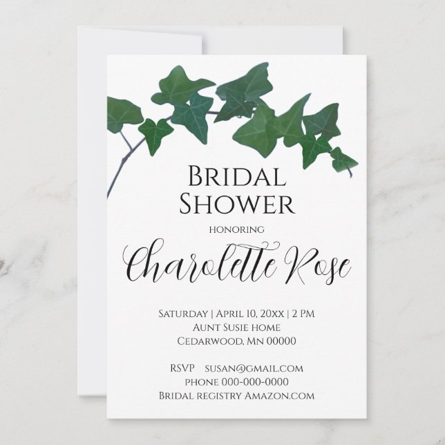 Elegantes Green English Ivy Brautparty Einladung (Vorderseite)