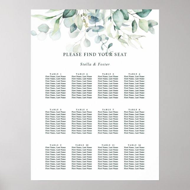 Elegantes Green Foliage Wedding Seating Chart Poster (Vorne)