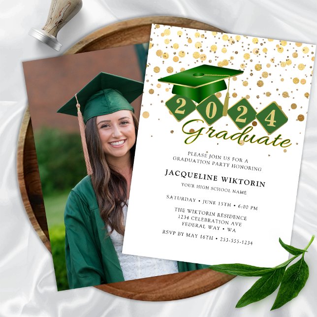 Elegantes Green Gold Abschluss Foto Party Einladung (Classic Green Gold Graduation Photo Party Invitation)