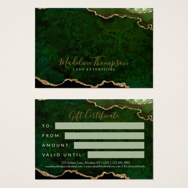 Elegantes Green Gold Agate Business Geschenkgutsch (Vorne & Hinten)