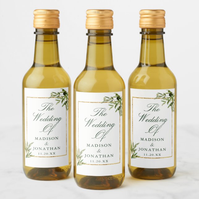Elegantes Green Gold Botanical Wedding Mini Weinetikett (Flaschen)