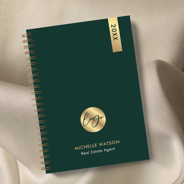 Elegantes Green & Gold Corporate Business Logo 202 Planer (Elegant emerald green and gold logo business planner with your custom text)
