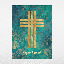 Elegantes Green Gold Cross Oster Feiertagspostkarte
