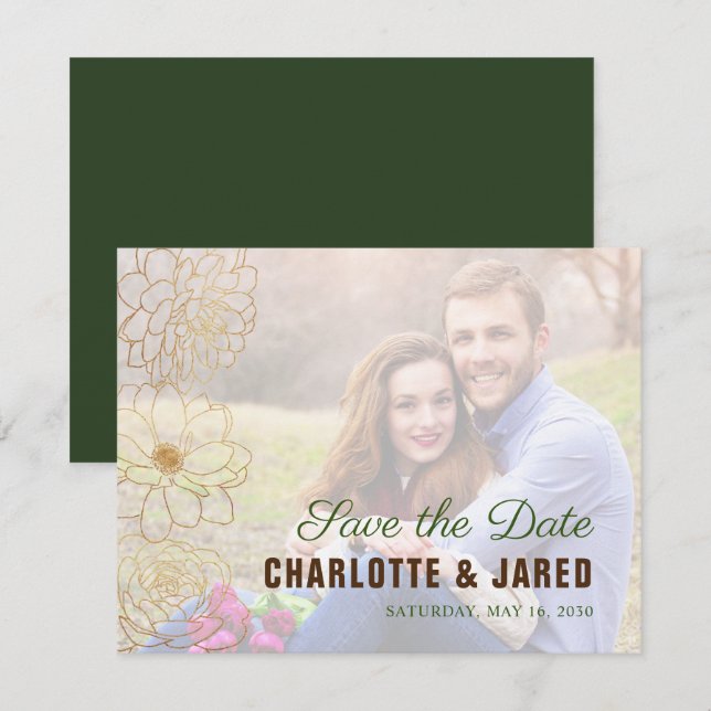 Elegantes Green & Gold Floral Save the Date Foto (Vorne/Hinten)