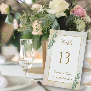 Elegantes Green & Gold Foto Hochzeit Tischnummer Sockelschild