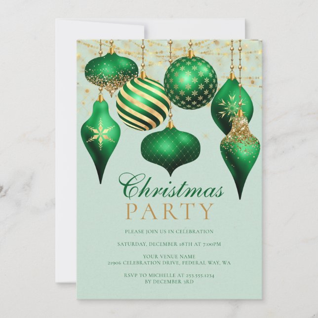 Elegantes Green Gold Ornaments Weihnachts-Party Einladung (Vorderseite)