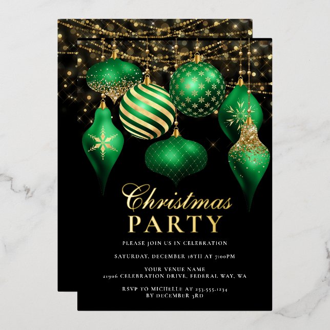 Elegantes Green Gold Ornaments Weihnachts-Party Folieneinladung (Vorderseite/Rückseite)