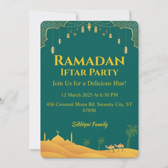 Elegantes Green Gold Ramadan Iftar Party Einladung (Vorderseite)