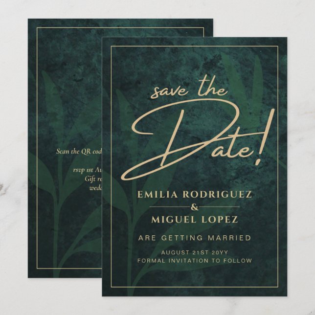 Elegantes Green Gold Save the Date QR Code UAWG Einladung (Vorne/Hinten)
