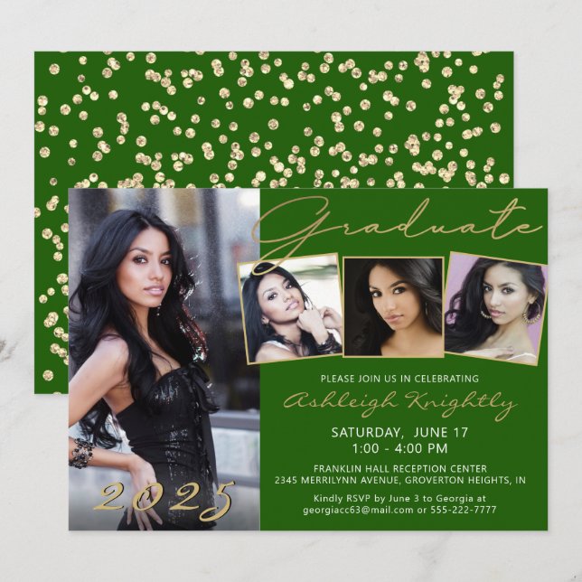 Elegantes Green Gold Script 4 Foto Graduate Einladung (Vorne/Hinten)