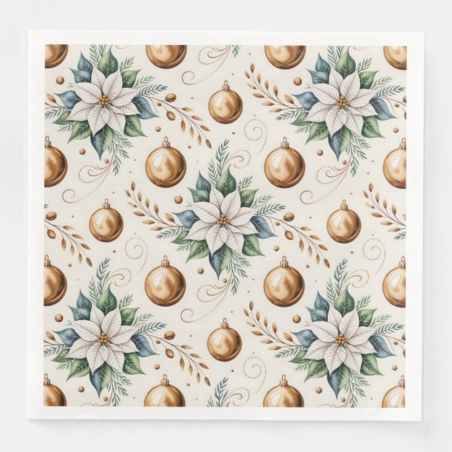 Elegantes Green Gold Weißes Weihnachtsblumenmuster Serviette (Vorderseite)