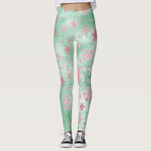 Elegantes Green Pink Weihnachts-Schneeflockenmuste Leggings