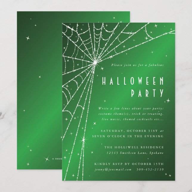 Elegantes Green Sparkling Spider Web Halloween-Par Einladung (Vorne/Hinten)