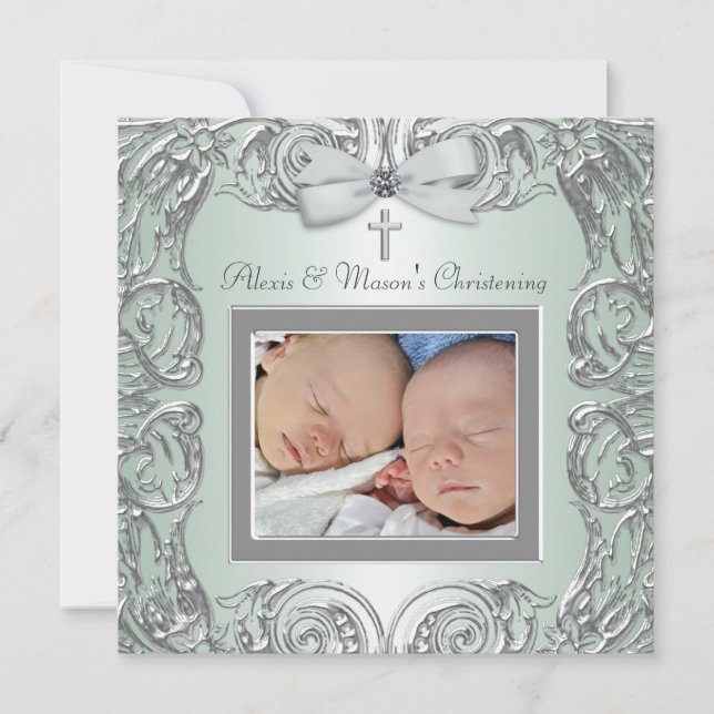 Elegantes Green Twins Foto Einladungen feiern (Vorderseite)