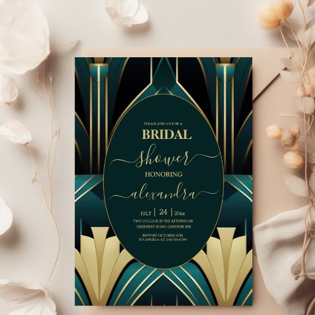 Elegantes Green und Gold Art Deco Brautparty Einladung (Von Creator hochgeladen)