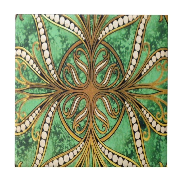 Elegantes Green und Gold Damask Muster Fliese (Vorderseite)