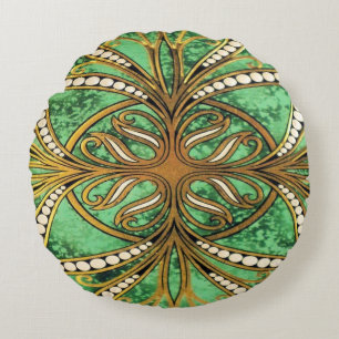Elegantes Green und Gold Damask Muster Rundes Kissen