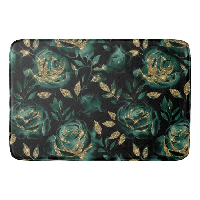 Elegantes Green und Gold Rose Blumenmuster Badematte (Vorderseite)