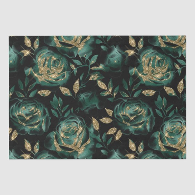 Elegantes Green und Gold Rose Blumenmuster Seidenpapier (Vorderseite)