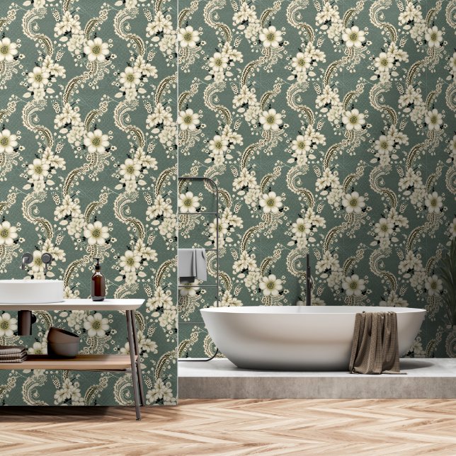 Elegantes Green Viktorianisch Doily Lace Muster Tapete (Badezimmer)