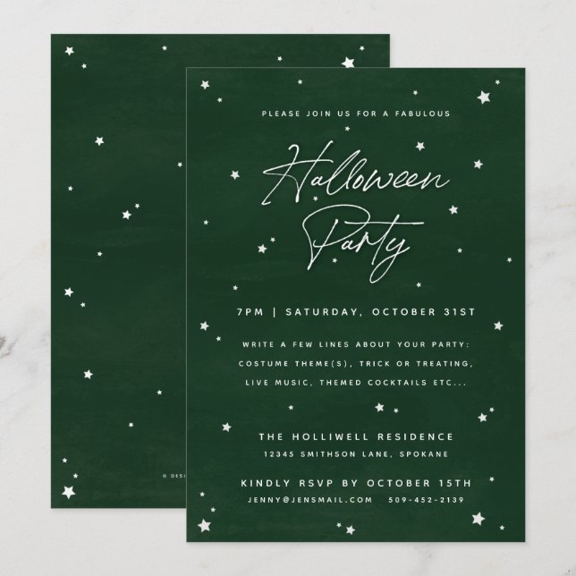 Elegantes Green+White Magical Stars Halloween-Part Einladung (Vorne/Hinten)