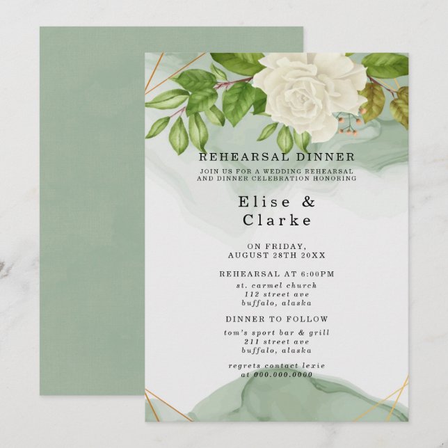 Elegantes Green White Roses Rustikales Probe Dinne Einladung (Vorne/Hinten)