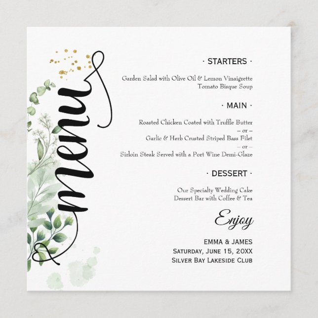 Elegantes Greenerity Script Round Wedding Flat Men Menükarte (Vorderseite)