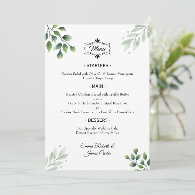 Elegantes Greenerity Table Wedding Menu Menükarte (Stehend Vorderseite)