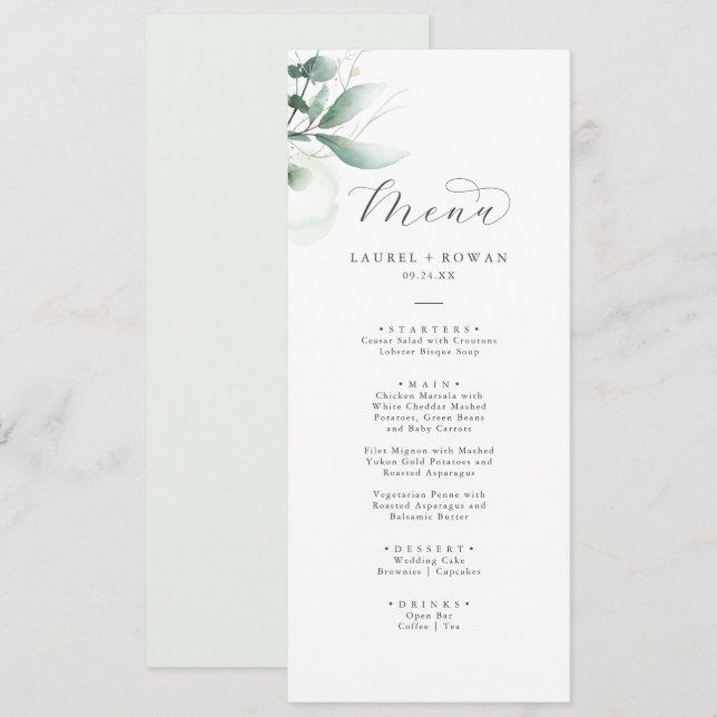 Elegantes Greenerity Wedding Dinner Menü Menükarte (Vorne/Hinten)