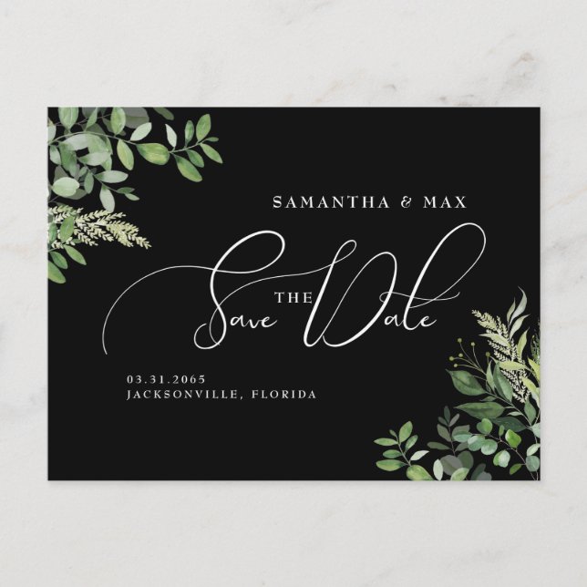Elegantes Greenery Black Foto Save the Date Ankündigungspostkarte (Vorderseite)
