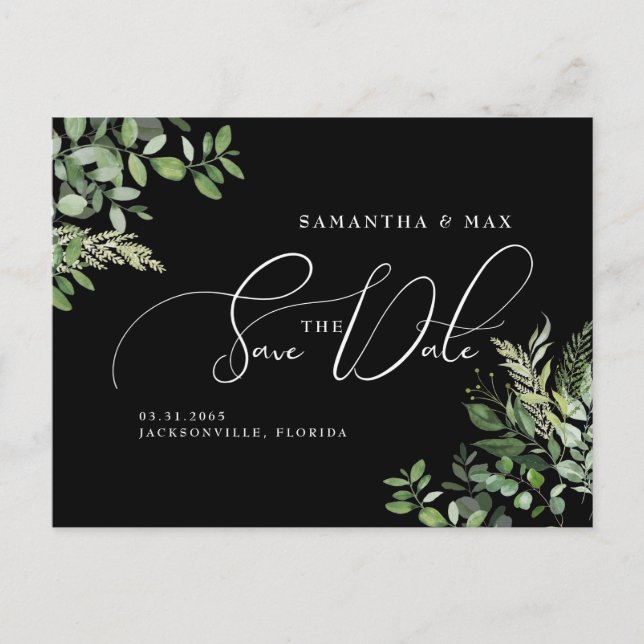 Elegantes Greenery Black Foto Save the Date Postkarte (Vorderseite)