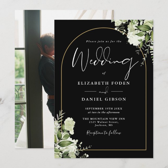 Elegantes Greenery Floral Gold Arch Foto Hochzeit Einladung (Vorne/Hinten)