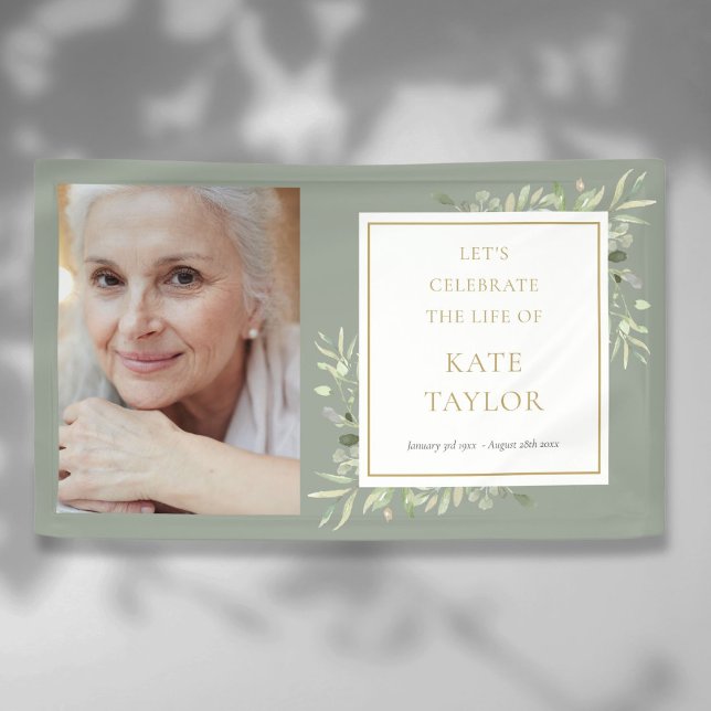 Elegantes Greenery Foto Beerdigung Banner (Elegant Greenery Photo Funeral Memorial Service Banner)