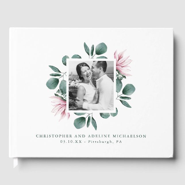 Elegantes Greenery Watercolor Rahmen Foto Hochzeit Gästebuch (Vorderseite)