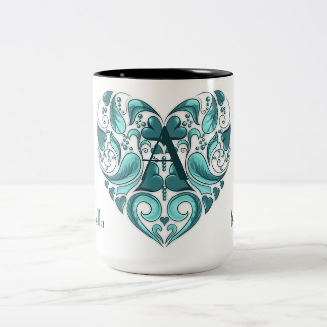 Elegantes, griechisch-türkisfarbenes Herz mit Ihre Zweifarbige Tasse (Mittel)