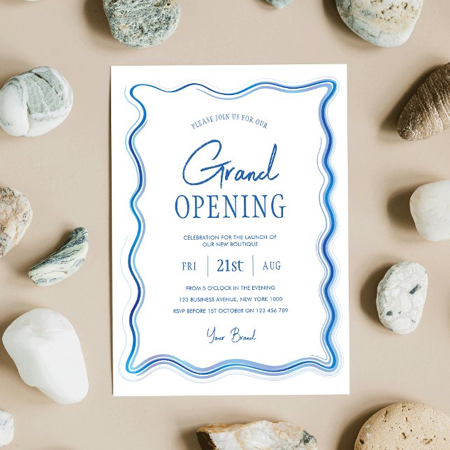 Elegantes Groß-Opening mit Blue & White Hand-Logo Einladung (Elegant business grand opening event invitation design with blue watercolor frame and modern fonts)