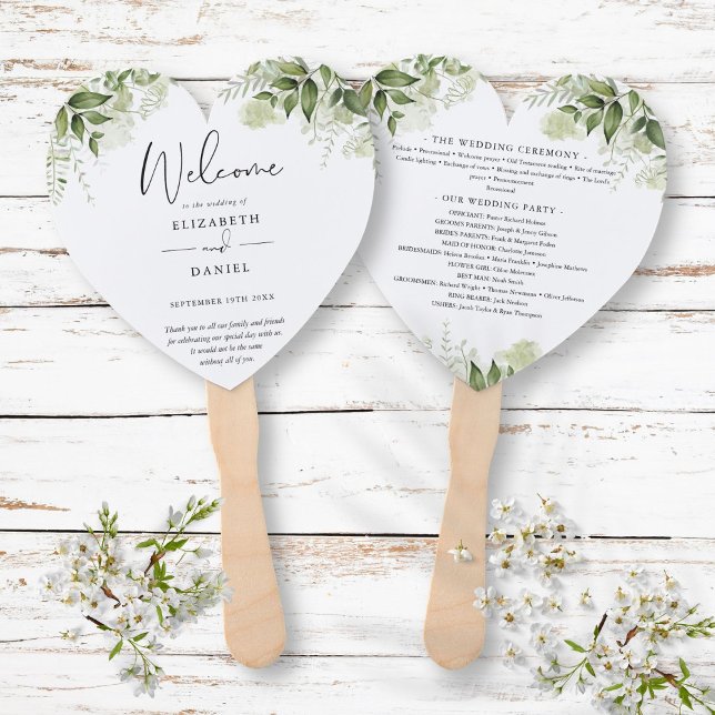 Elegantes Grün Blumenzwiebelprogramm Herz Fächer (Elegant Greenery Floral Wedding Program Heart Hand Fan)