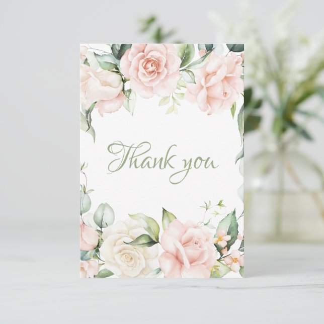 Elegantes Grün Blush Pink Blütenspülung Dankeskarte (Stehend Vorderseite)