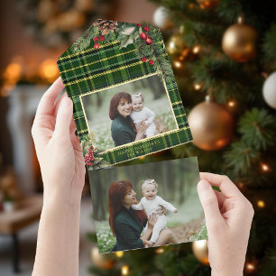 Elegantes Grün/Gold Foil Kariertes Holly-Foto All-in-One-Einladung
