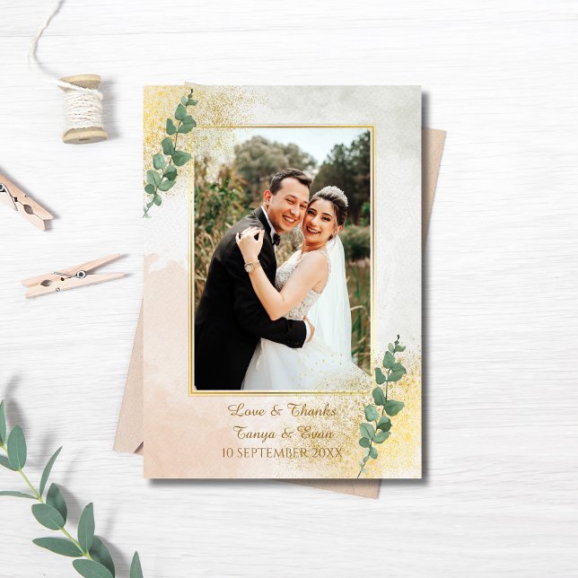 Elegantes Grün & Gold Foto Hochzeit Dankeskarte (Elegant Green & Gold Photo Wedding Thank You Card)