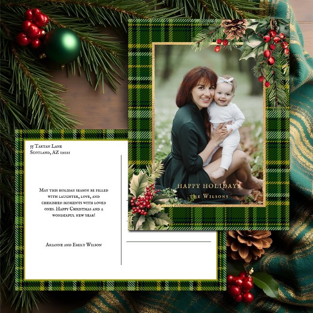 Elegantes Grün/Gold Kariert Holly Weihnachten Foto (Von Creator hochgeladen)