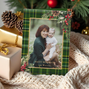 Elegantes Grün/Gold Kariert Holly Weihnachten Foto