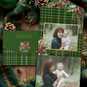Elegantes Grün/Gold Kariert Holly Weihnachten Foto All In One Einladung